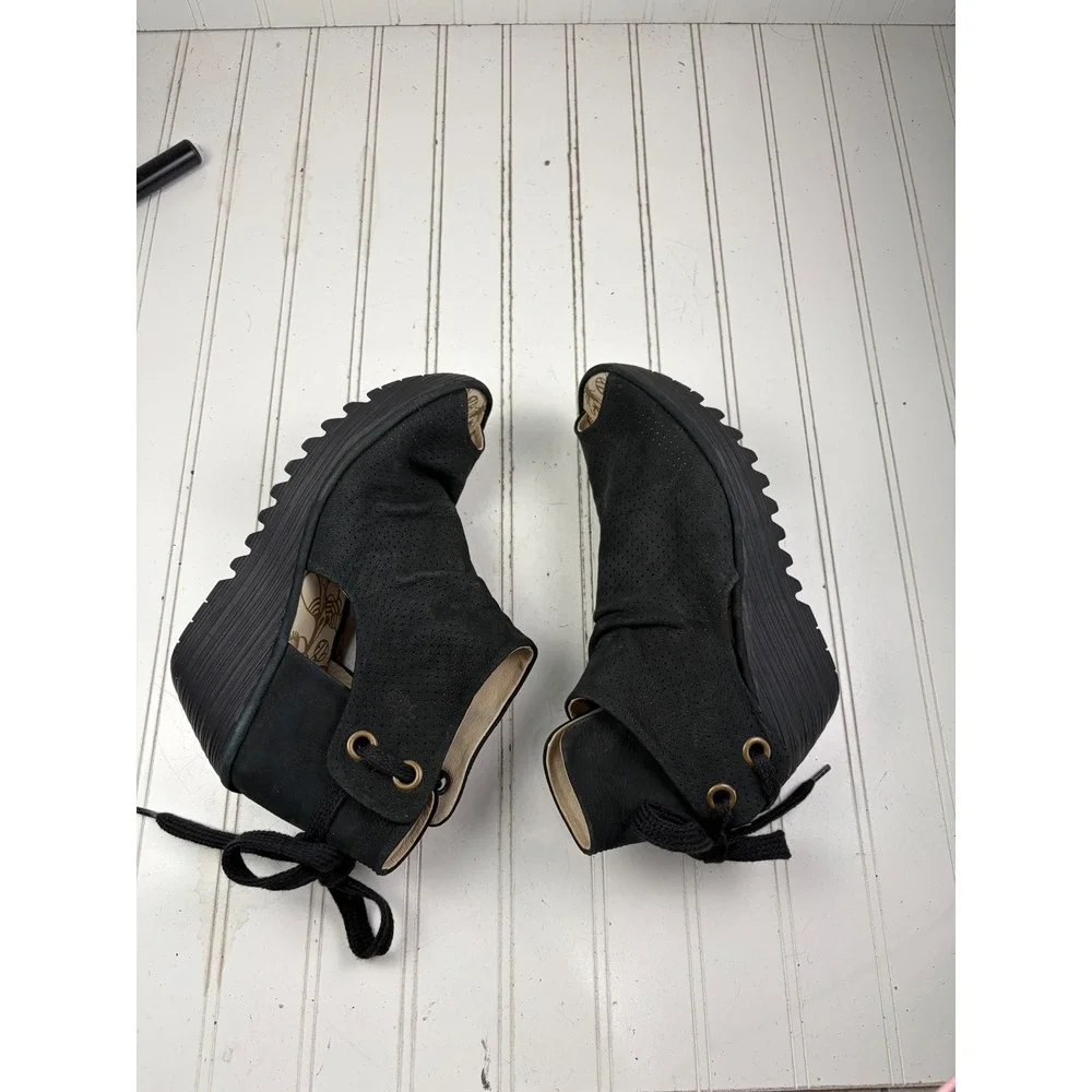 Fly London Yema Black Perforated Lace Up Wedge Sandals Women's Size 40 US 9-9.5